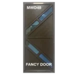 Geometric-designed door with the label Fancy Door. It has a mix of diagonal and triangular panels in brown, with a reflective surface showing part of an interior space.Its Called Aluminium Door – Single (MWD48)