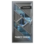 Geometric-designed door with the label Fancy Door. It has a mix of diagonal and triangular panels in brown, with a reflective surface showing part of an interior space.Its Called Aluminium Door – Single (MWD09)