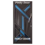 Geometric-designed door with the label Ntombi Fancy Door. It has a mix of diagonal and triangular panels in brown, with a reflective surface showing part of an interior space.Its Called Aluminium Door – Single (Pinky)