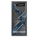 Geometric-designed door with the label Fancy Door. It has a mix of diagonal and triangular panels in brown, with a reflective surface showing part of an interior space.Its Called Aluminium Door – Single (MWD99)