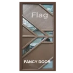 Geometric-designed door with the label Flag Fancy Door. It has a mix of diagonal and triangular panels in brown, with a reflective surface showing part of an interior space.Its Called Aluminium Door – Single (Flag)