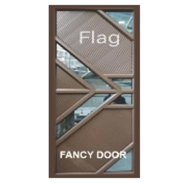 Geometric-designed door with the label Flag Fancy Door. It has a mix of diagonal and triangular panels in brown, with a reflective surface showing part of an interior space.Its Called Aluminium Door – Single (Flag)