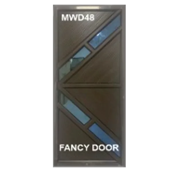 Geometric-designed door with the label Fancy Door. It has a mix of diagonal and triangular panels in brown, with a reflective surface showing part of an interior space.Its Called Aluminium Door – Single (MWD48)