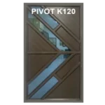 A modern door design labeled PIVOT K120 featuring geometric patterns with diagonal and rectangular panels. The door is dark-colored with sections of glass that allow visibility through some parts. Aluminium Fancy Pivot Door 1.2M x 2.1M (PIVOT K120)