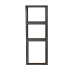 A tall, rectangular window with three evenly spaced sections. The frame is a dark color, contrasting with the bright white background visible through the glass panes. its called Aluminium Sidelight Door 300MM x 2.1M