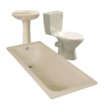 Bathtub, sink, and toilet in beige. The bathtub is in the foreground, the pedestal sink is on the left, and the toilet with a closed lid is on the right. All items are against a white background. Set name is Bathroom Set 7 Pieces Almond / Ivory