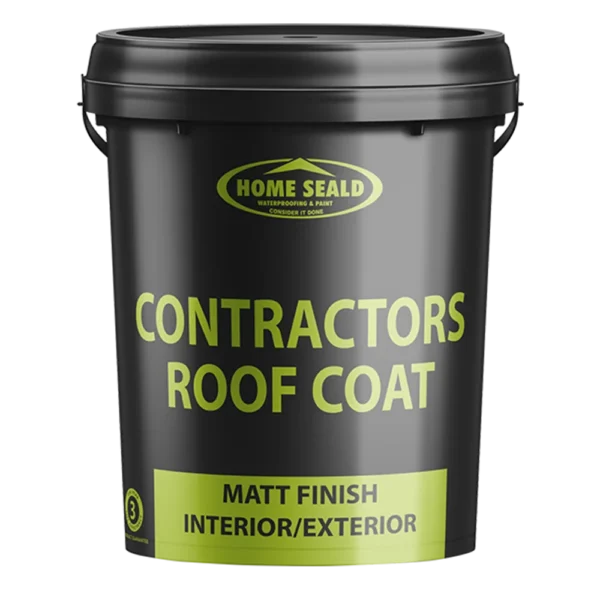 Black container of Home Seald Contractors Roof Paint Coat. Text on the container reads Matt Finish Interior/Exterior.