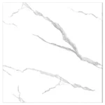 A square tile with a white background and subtle gray veining pattern, resembling marble. The veins vary in thickness, adding a natural, textured appearance across the tiles smooth surface. Its Called Glossy Polished Ceramic White Wall Tiles Carrara