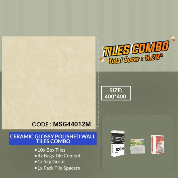 Image of a tiles combo package featuring a 400x400mm Ceramic Glossy Polished Wall Tiles Combo MSG44012M with a marbled design. Includes 10 tile boxes, 4 cement bags, 1 grout bag, and 1 pack of spacers. Total coverage: 14.44m².