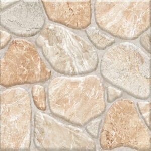 A textured tile design featuring a pattern of large, irregular beige and light brown stones with subtle veining. The stones have a natural, uneven appearance, resembling a cobblestone path. Its Called Paving Ceramic Non Slip Tiles - 400x400mm