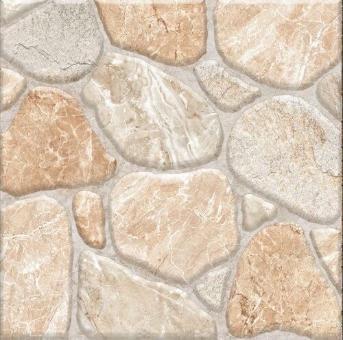 A textured tile design featuring a pattern of large, irregular beige and light brown stones with subtle veining. The stones have a natural, uneven appearance, resembling a cobblestone path. Its Called Paving Ceramic Non Slip Tiles - 400x400mm