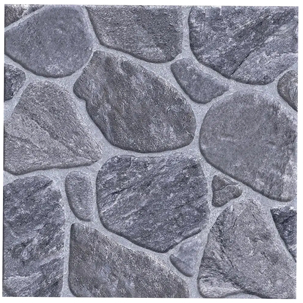 A textured surface featuring irregularly shaped gray stones arranged together, resembling a natural stone wall pattern. The stones vary in size and are outlined with thin, lighter gray mortar. Its called Paving Ceramic Matt Floor Tiles