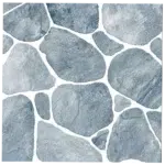 A pattern of irregularly shaped, overlapping gray stones with a smooth texture. The stones vary in size and form a mosaic-like arrangement, connected by thin white gaps. Its Called Paving Ceramic Matt Floor Tiles - 400x400mm