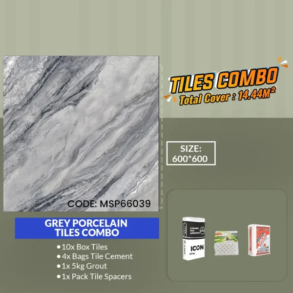 Image of a tiles combo package featuring a 600x600mm Grey porcelain tiles combo (MSP66039) with a marbled design. Includes 10 tile boxes, 4 cement bags, 1 grout bag, and 1 pack of spacers. Total coverage: 14.44m². Code: MSP66039.