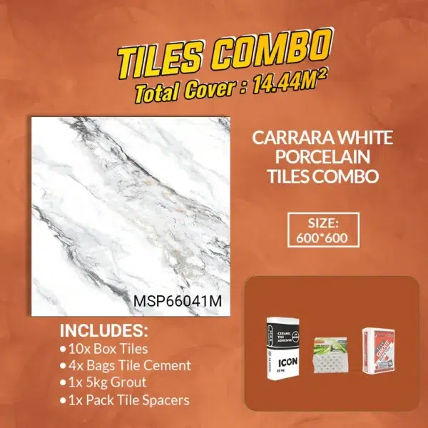 Carrara White Floor Tiles Combo – Glossy Polished – Porcelain – 600x600mm – A-Grade