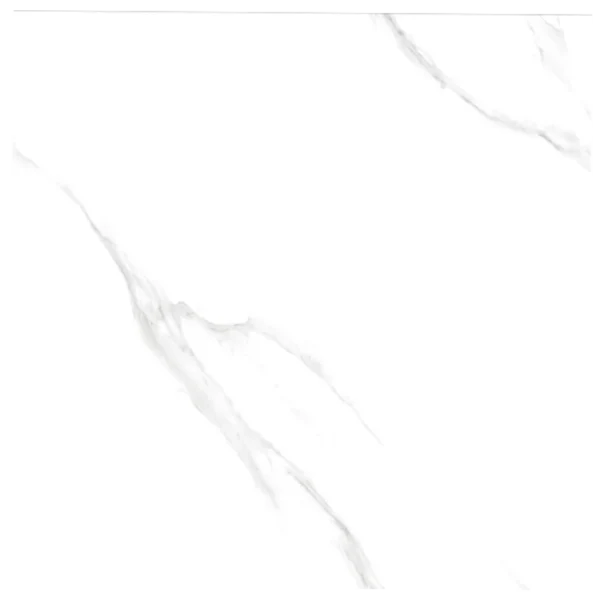 White marble surface with light gray veining, creating a subtle and elegant pattern. The texture gives a sense of smoothness and luxury. Its called Carrara White Porcelain Floor Tiles - Glossy Polished