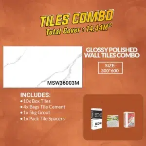 Product image displaying a glossy polished wall tiles combo, including 10 tiles, cement, grout, and spacers for installation. This Combo name Carrara White Glossy Polished Wall Tiles Combo