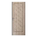 Wooden door with a rectangular panel design featuring a diamond pattern. It has a metallic handle on the left side. The door is set against a plain white background. Its Called Single Heavy Duty PVC Door With Gatsby Design