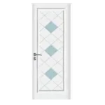 A white door with a frosted glass panel featuring a pattern of blue diamond shapes arranged vertically. The door has a silver handle on the left side. Its Called Single Heavy Duty PVC Door With Glass Emerald Panel