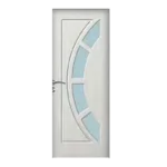 A white door with a curved frosted glass design, featuring three diagonal rectangular glass sections arranged to form a semicircle. There is a silver handle on the left side of the door. Its Called Single Heavy Duty PVC Door Glass Horizon