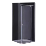 Transparent Clear glass shower enclosure with a sliding door and minimalist design, set against a dark background. Its Called Pivot Shower Door