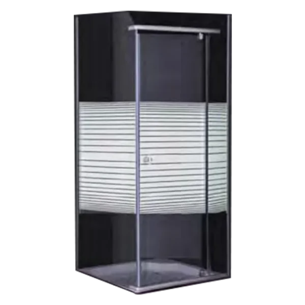 A modern, glass shower enclosure featuring a striped white panel and a sleek chrome showerhead, set against a dark background. Its Called Pivot Shower Door With Stripe Design