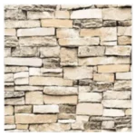 A wall made of rectangular stones in varying shades of beige, cream, and light gray, arranged in a staggered pattern. The stones have a rough texture, giving a natural and rustic appearance. Its Called Brick Design 3D WallPaper