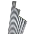 Stacked sheets of corrugated metal, showing their ridged patterns, are leaning against each other at an angle. The texture and reflective surface are visible, with a focus on the linear design of the metal sheets. Its Called WallPanel Grey Marble 20mmx160mmx2.9m