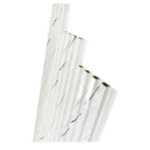 Five white paper straws with a subtle black stripe design, stacked in a slight diagonal arrangement. Its Called 20mmx160mmx2.9m WallPanel White Enigma