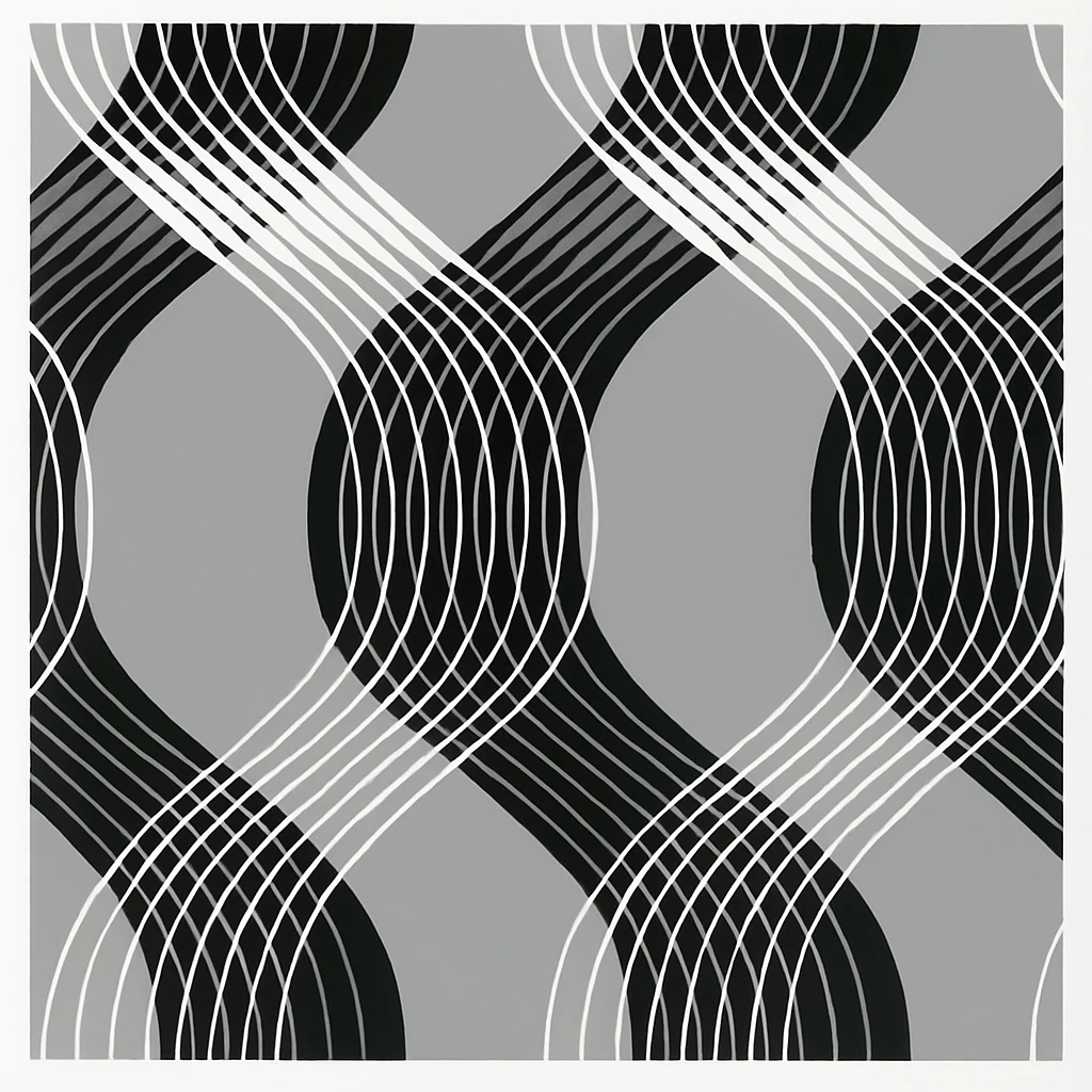 ST1376 Abstract pattern with wavy black and white lines on a gray background, creating an interwoven, lattice-like design.Geometric Waves Curve Peel and Stick 3D WallPaper