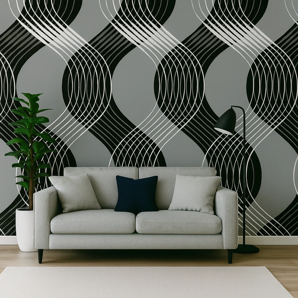 ST1376 Abstract pattern with wavy black and white lines on a gray background, creating an interwoven, lattice-like design.Geometric Waves Curve Peel and Stick 3D WallPaper