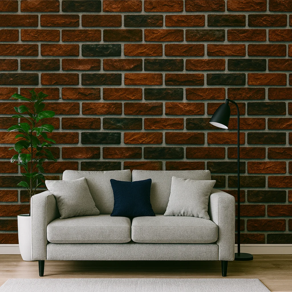 A pattern of rectangular bricks in various shades of brown and dark red, arranged in a staggered horizontal layout. The surface of the bricks has a textured appearance, and the mortar between them is light gray. Its Called Brick Design 3D WallPaper - 530mm x 10m