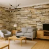 A wall made of rectangular stones in varying shades of beige, cream, and light gray, arranged in a staggered pattern. The stones have a rough texture, giving a natural and rustic appearance. Its Called Brick Design 3D WallPaper