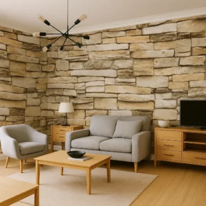 A wall made of rectangular stones in varying shades of beige, cream, and light gray, arranged in a staggered pattern. The stones have a rough texture, giving a natural and rustic appearance. Its Called Brick Design 3D WallPaper