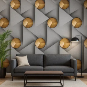 A geometric pattern featuring interlocking gray triangles and wooden spheres. The spheres are centrally placed within the triangular shapes, creating a visually intriguing, repetitive 3D Wallpaper design.