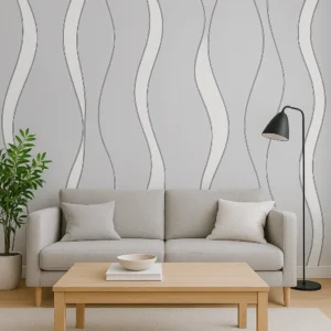 A gray background with a pattern of vertical, wavy black and white lines alternating in thickness, creating a dynamic, flowing effect. Grey & Silver Glitter Striped 3D WallPaper
