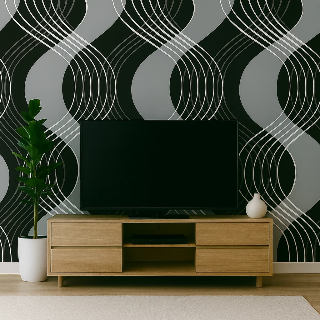 ST1376 Abstract pattern with wavy black and white lines on a gray background, creating an interwoven, lattice-like design.Geometric Waves Curve Peel and Stick 3D WallPaper