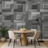Geometric pattern featuring interlocking square and rectangular tiles in shades of gray, creating a three-dimensional effect. Wooden Matte 3D WallPaper - 530mm*10m