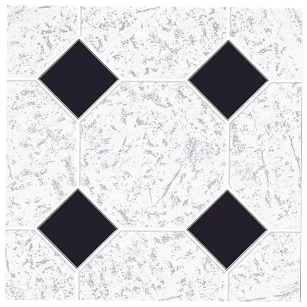 A tiled floor design featuring a textured white pattern with black diamond-shaped accents interspersed throughout. Its Called Paving Ceramic Matt Tiles