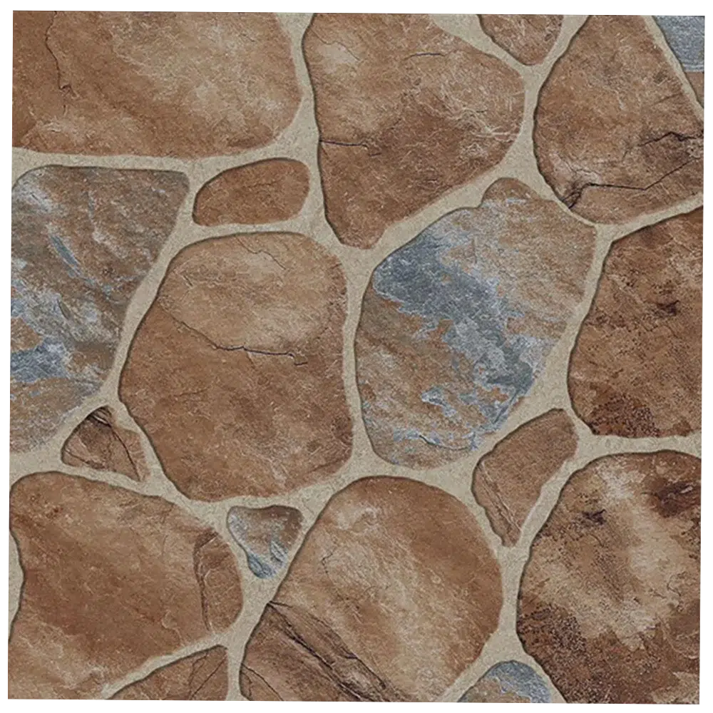 Close-up of textured stone wallpaper featuring irregularly shaped brown and gray stones arranged with light grout lines. Paving Ceramic Matt Slip Resistant Tiles