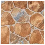 Close-up of a stone wall with an irregular pattern, featuring various shades of brown and hints of gray. The stones are unevenly shaped and mortared together, creating a rustic and natural appearance. Its A-Grade Paving Ceramic Matt Floor Tiles - 400x400mm