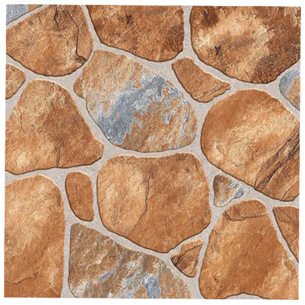 Close-up of a stone wall with an irregular pattern, featuring various shades of brown and hints of gray. The stones are unevenly shaped and mortared together, creating a rustic and natural appearance. Its A-Grade Paving Ceramic Matt Floor Tiles - 400x400mm