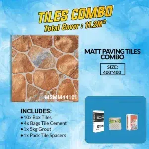 Image of a tiles combo package featuring a stone-patterned tile. Details include size, total coverage, and included materials for installation. this Combo Name Ceramic Matt Paving Floor Tiles Combo 400x400mm