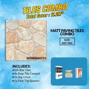 Tile combo package featuring matte paving tiles with coverage details, size, and included materials for installation. This Combo name Ceramic Matt Paving Floor Tiles Combo With Beige Colour.