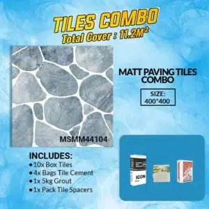 Image of a tile combo package featuring a mat paving tile design, including tiles, cement, grout, and spacers. Total coverage: 11.2 m². This Combo Called Grey and White Matt Paving Floor Tiles Combo