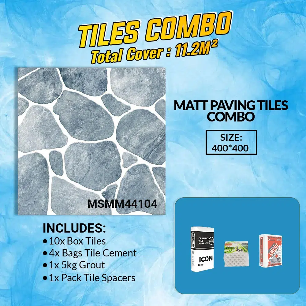 Image of a tile combo package featuring a mat paving tile design, including tiles, cement, grout, and spacers. Total coverage: 11.2 m². This Combo Called Grey and White Matt Paving Floor Tiles Combo