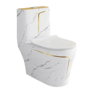 A White Toilet Pan With A Sophisticated Touch Of Gold And Grey