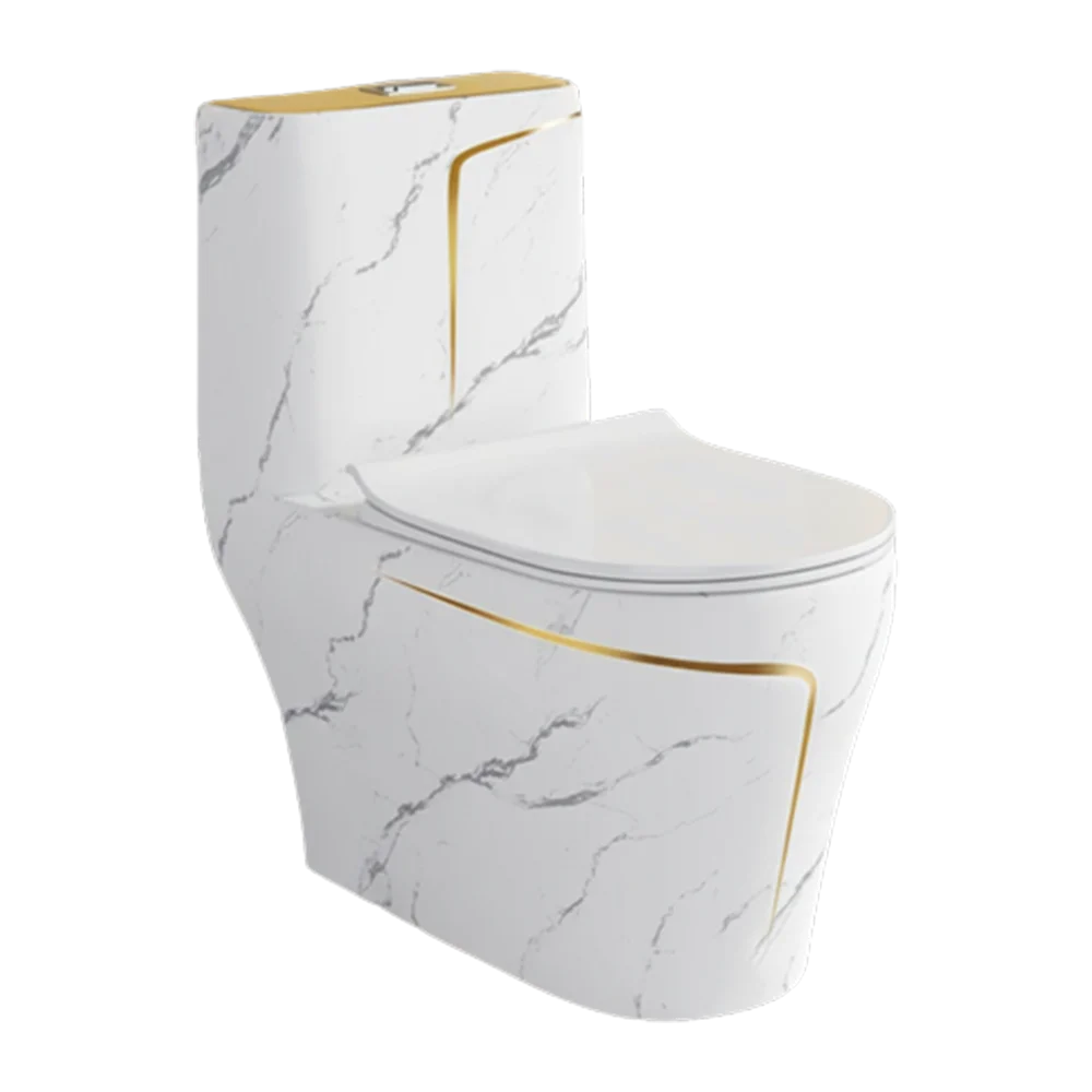 A White Toilet Pan With A Sophisticated Touch Of Gold And Grey