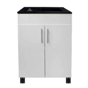 White Rectangular Bathroom Vanity Cabinet with Black Top and Double Doors