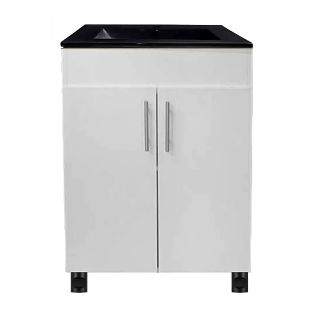 White Rectangular Bathroom Vanity Cabinet with Black Top and Double Doors
